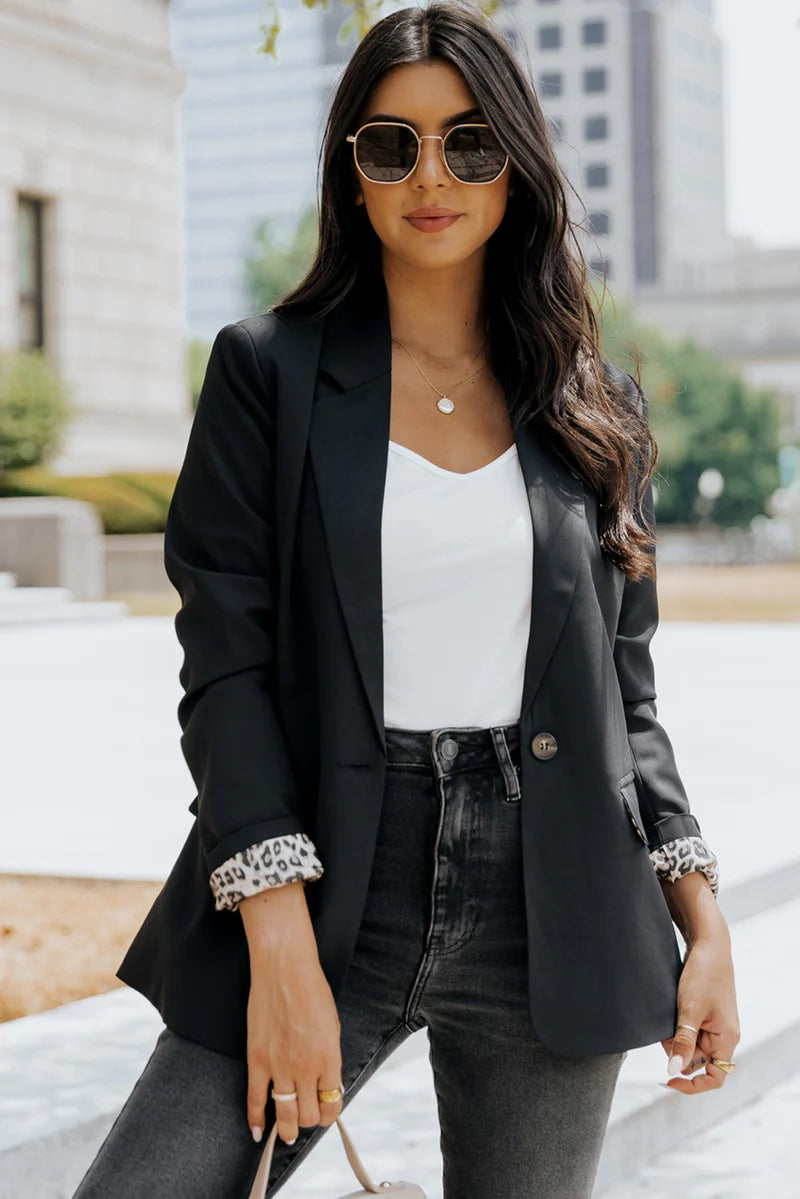 black blazer with animal print lining