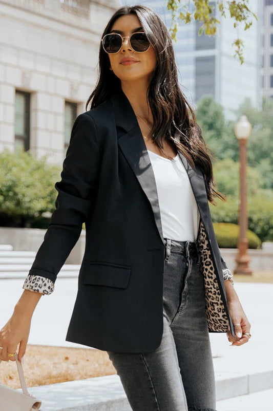 black blazer with animal print lining