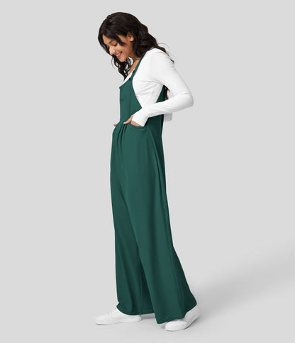 Halara Waffle Casual Overalls - Forrest Green