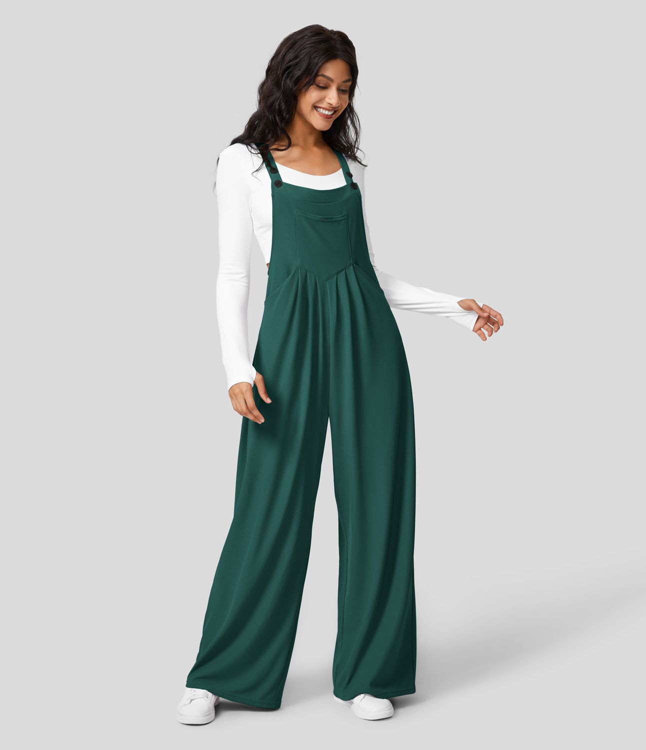 Halara Waffle Casual Overalls - Forrest Green