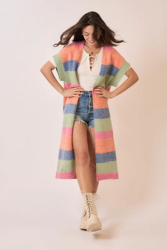 Color Block Sleeveless Long Cardigan